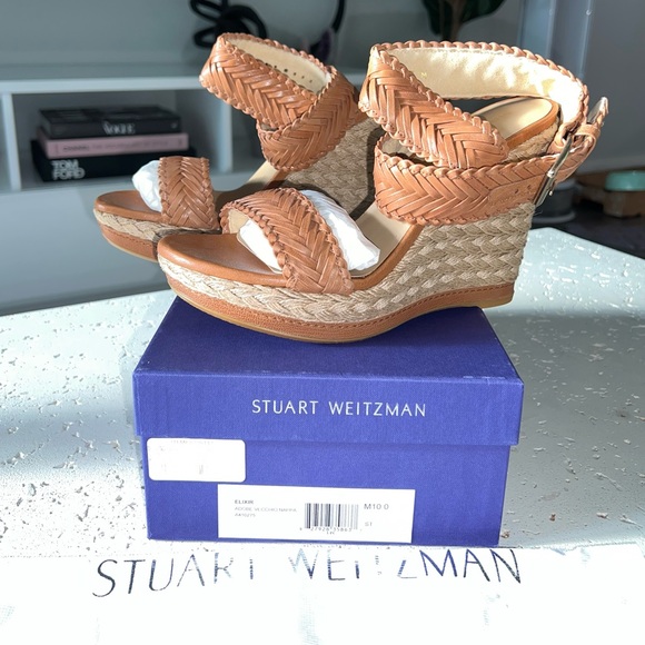 STUART WEITZMAN Elixir Wedge Sandals in Adobe Vecchio Nappa Leather (Size 10) - Picture 3 of 9